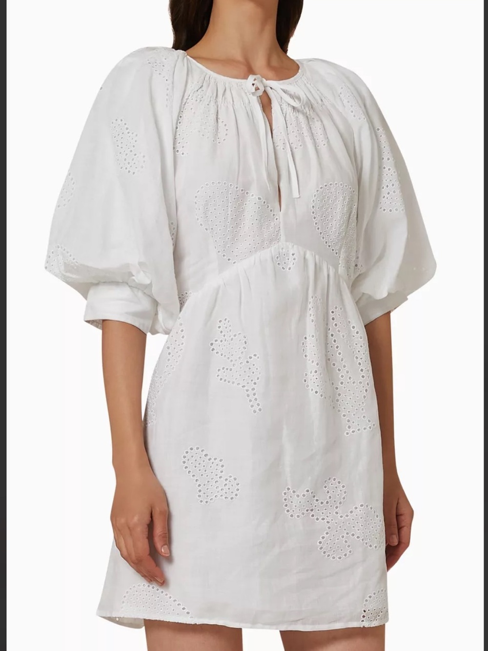 Frame Eyelet Puff Sleeve Mini Dress in Ramie White Lace Cotton size Small $468